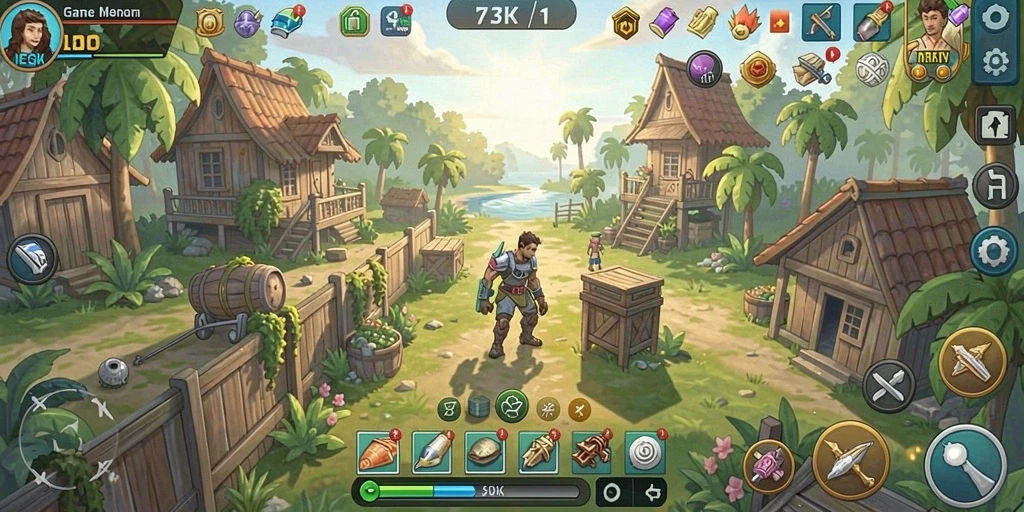 Tangkapan layar gameplay utama menunjukkan momen santai dalam 73K.