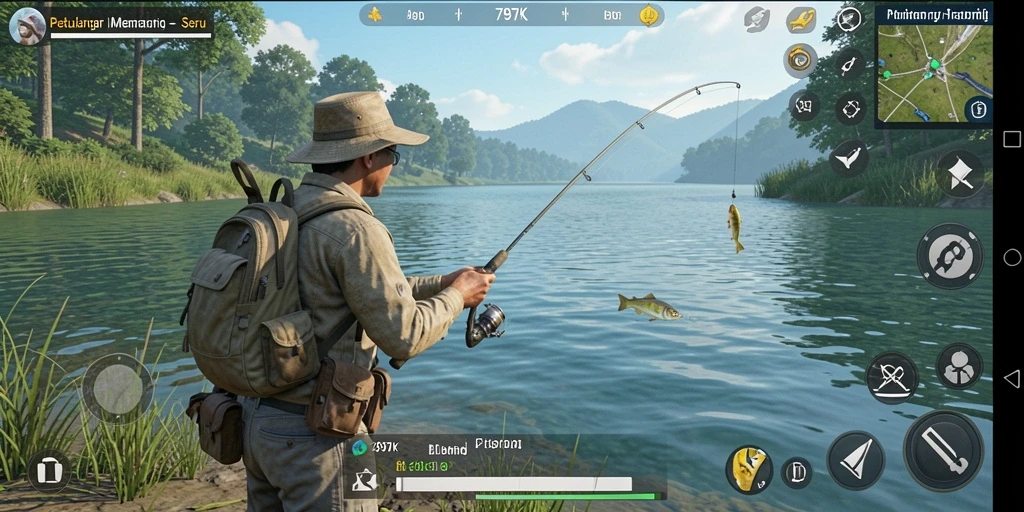 Screenshot gameplay 797K yang menampilkan pengalaman memancing yang mendebarkan.
