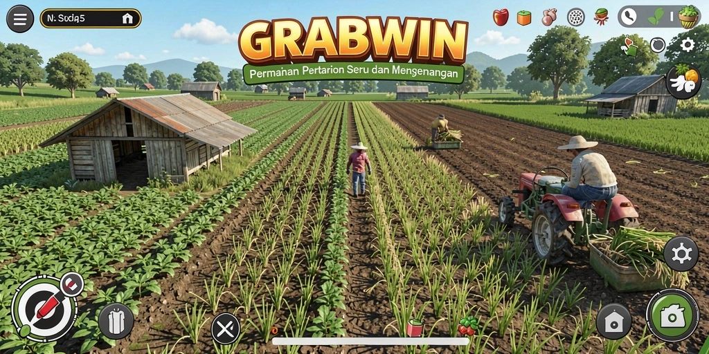 Tangkapan layar <strong>GRABWIN</strong> menampilkan aksi pertanian yang mengasyikkan dan interaktif.