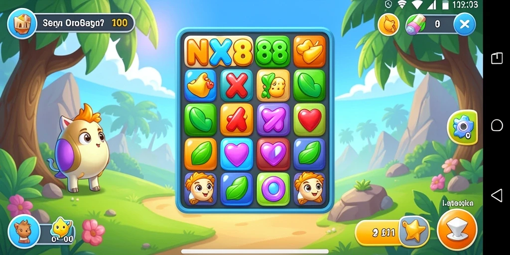 Screenshot gameplay NX888 yang menampilkan elemen match-3 yang berwarna-warni.