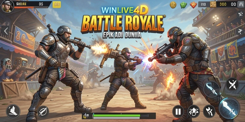 Screenshot utama WINLIVE4D menampilkan gameplay seru dalam arena pertempuran Battle Royale.