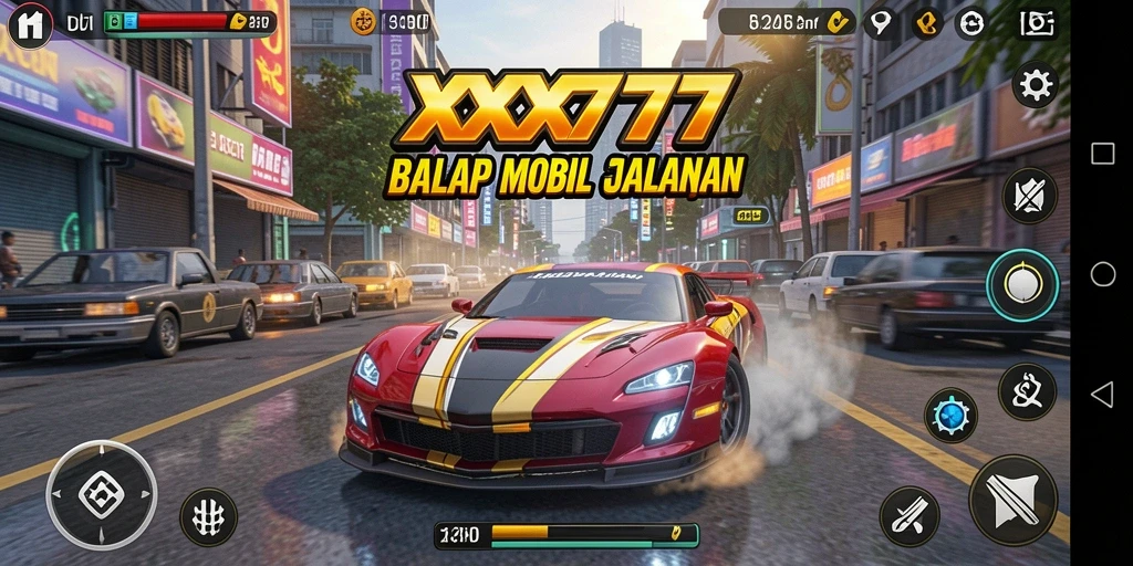 Tangkapan layar menampilkan aksi balap dari XXX777 dengan mobil kencang di trek menantang.